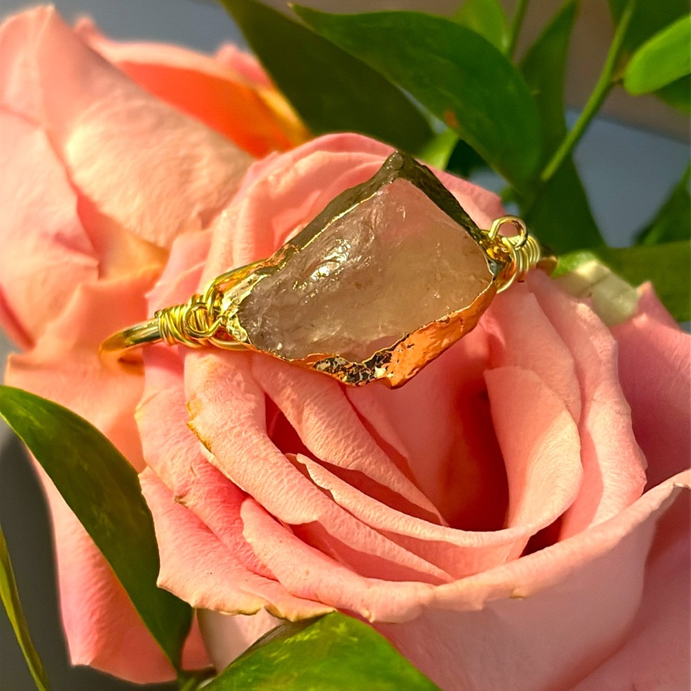 Genuine Rose Quartz artisan made wire wrapped metal cuff bracelet